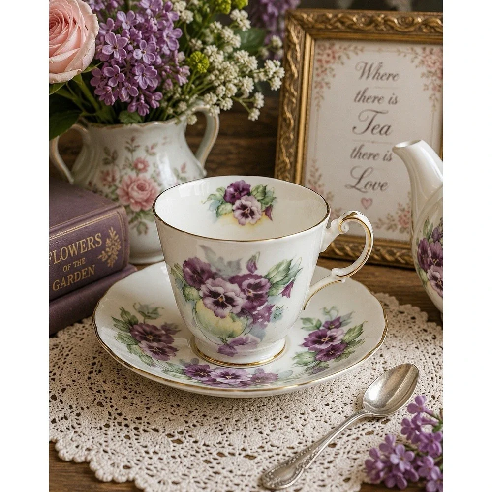 Royal Patrician Purple Pansy Bone China Tea Cup & Saucer England Floral